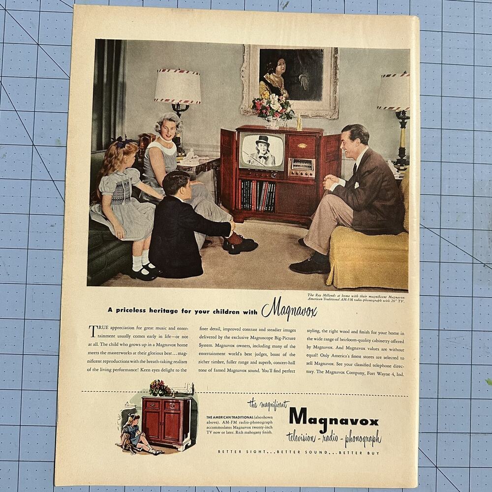 1951 MAGNAVOX CONSOLE TELEVISION Family Watches in Home Print Ad